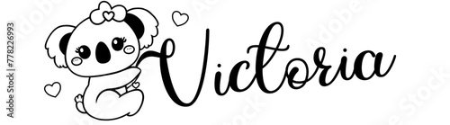 Victoria - black color - name written - Word with Koala kawaii for websites, baby shower, greetings, banners, cards-shirt, sweatshirt, prints, cricut, silhouette, sublimation