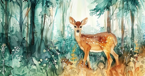 watercolor deer in the forest, hyperdetailed