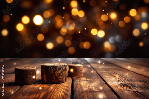 Wooden platform on soft bokeh lights