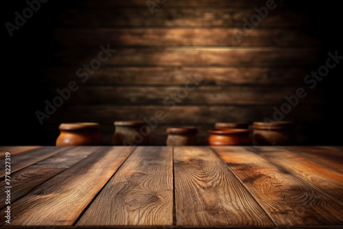 Wooden platform on soft bokeh lights