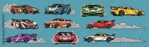 Sports cars set emblems colorful