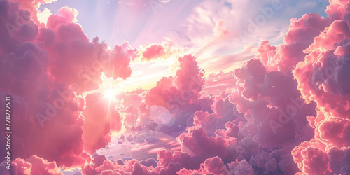 The sun rising through a sky of pink clouds in a style that merges whimsical anime, high-angle views, and meticulously crafted scenes. #778227531
