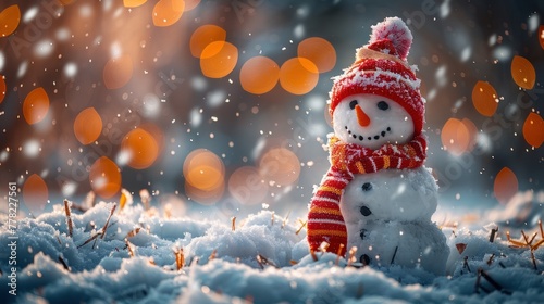 Snowman decorated with hat and red scarf under falling snow at night photo