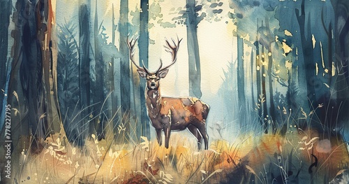 watercolor deer in the forest, hyperdetailed photo