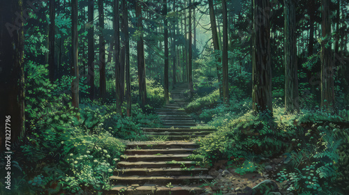 Steps leading into the forest on a sunny day in a style that merges dark green and dark emerald tones, soft, romantic landscapes, and prairiecore elements. photo