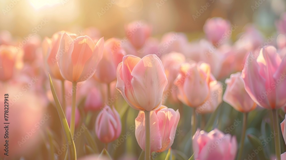 A Field of Pink Tulips in the Sunlight