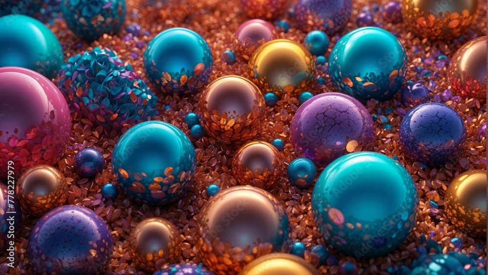 Abstract 3d rendering of chaotic multicolored spheres. Computer-generated background.