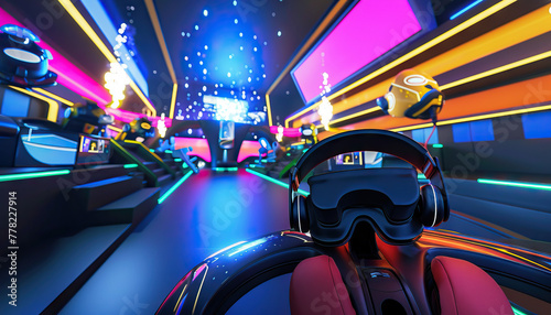 Virtual Reality Game World: A virtual reality set with VR headsets, motion capture technology, and immersive game environments for VR gaming shows