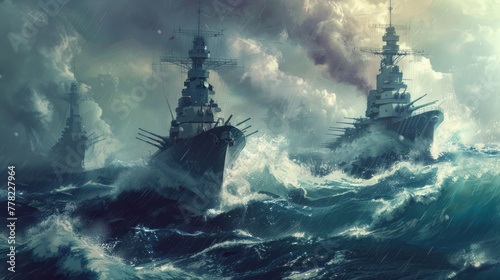 Warships traverse the ocean, their journey depicted in a style reminiscent of epic portraiture and nostalgic wimmelbilder. photo