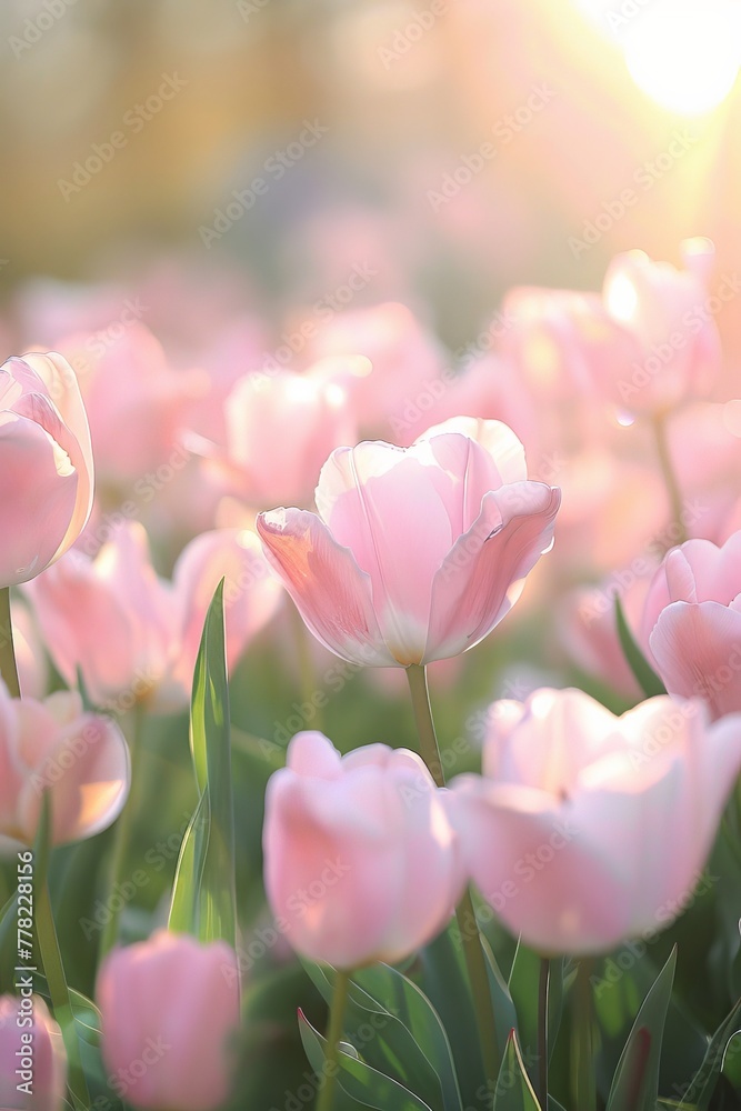 A Field of Pink Tulips in the Sunlight