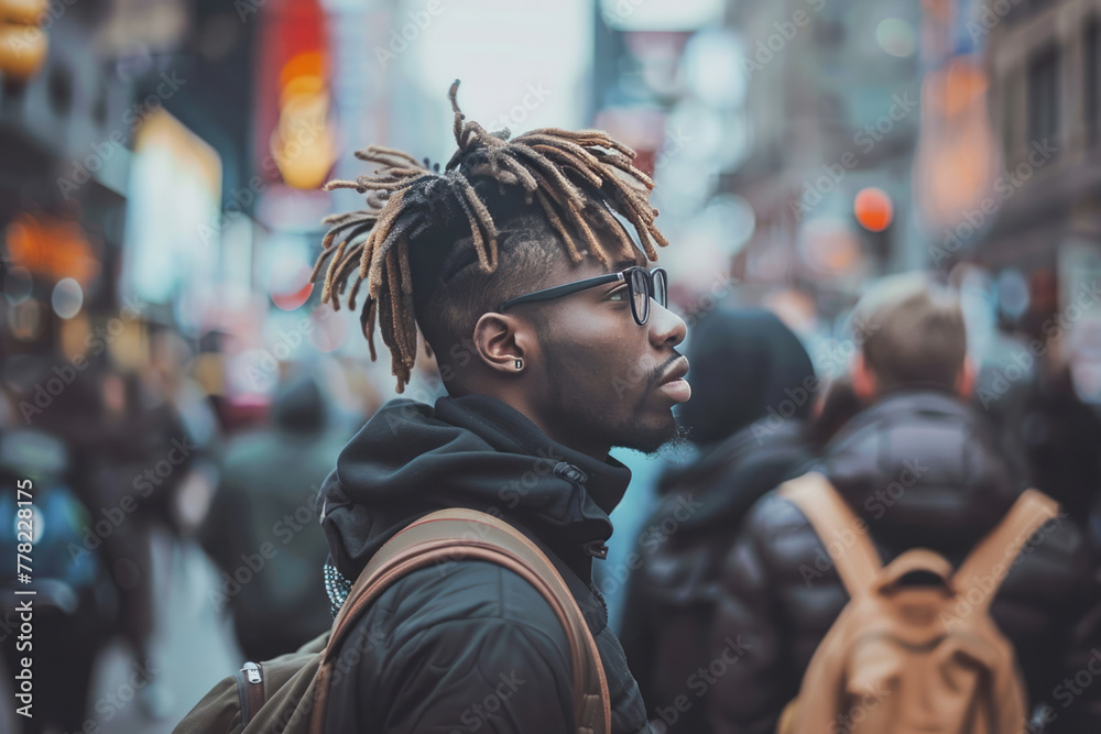 Fototapeta premium An individual standing on the street looking at the crowd is portrayed in a style that includes bold colorism, texture-rich layers, distinct facial features, and abrasive elements.