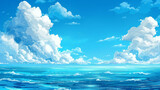 Hand-drawn cartoon illustration of blue sky and sea with fluffy clouds and sparkling water