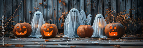 Halloween ghosts standing around pumpkins are portrayed in a style that includes rustic still lifes, horror, and dry wit humor.
