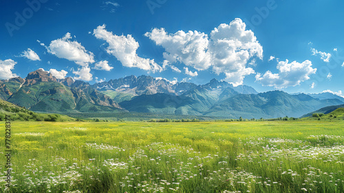 Breathtaking mountain landscape with lush greenery and a vibrant blue sky