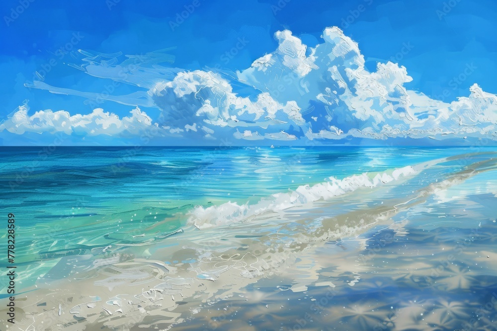 Painting of a Beach With Blue Sky and Clouds