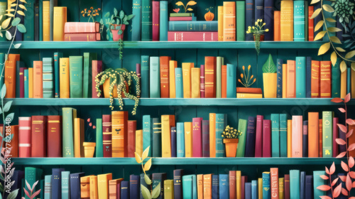 A colorful library shelf with diverse books in a style that merges dark teal and light maroon tones, subtle tonal values, light orange and light green tones, and bold color. photo