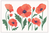 n illustration with stylized Poppies flowers. Bouquet. Garden. Spring.The texture, Line. Gray green, red, pink, violet. For postcards, magazines, websites, invitations.