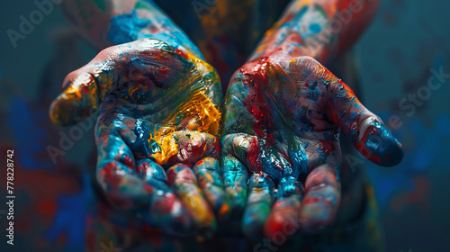 Artist's hands covered in paint, close-up, chaotic colors, embodying the fusion of realism and expressionism photo