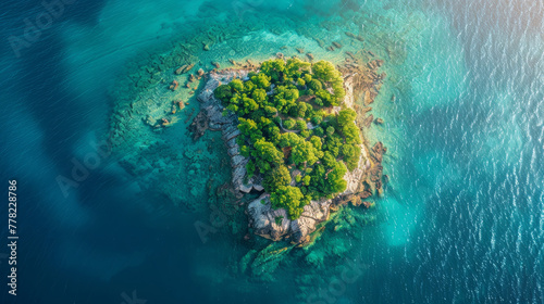 Aerial view of a small, lush island surrounded by turquoise sea waters