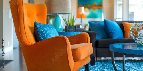 An orange accent chair, blue chair, black sofa, and blue table in a living room are portrayed in a style that incorporates lensbaby effect, bokeh, and minimalistic figurative elements. photo