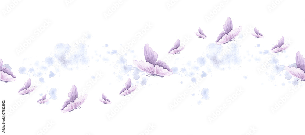 Butterflies delicate violet on blue splashes, seamless border, pattern ...