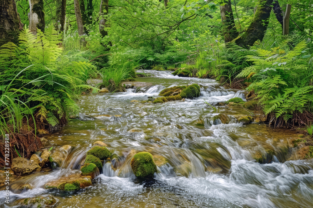 A Stream in a Lush Forest, Conveying the Tranquility and Purity of Nature, Suggesting an Escape from Urban Life