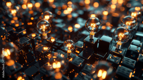 A dark pattern formed by a chain of light bulbs and cubes in a style that merges social network analysis, tilt-shift photography, and metallic elements.