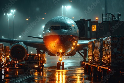 A cargo plane preparing for takeoff, its engines roaring to life, while ground crew members complete safety checks and load cargo containers onto the aircraft