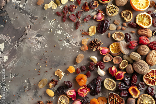 Flat lay arrangement showcases an assortment of vibrant dried fruits, offering a colorful and nutritious display