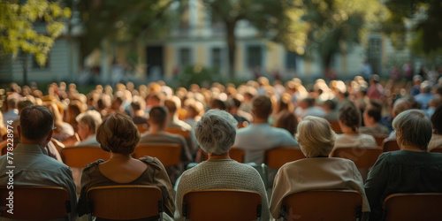 A crowd of people attending a lecture outdoors in a style that merges elegance, emotive faces, bokeh panorama, and candid moments captured. photo