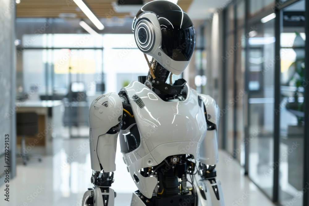 A futuristic industrial robot in an office