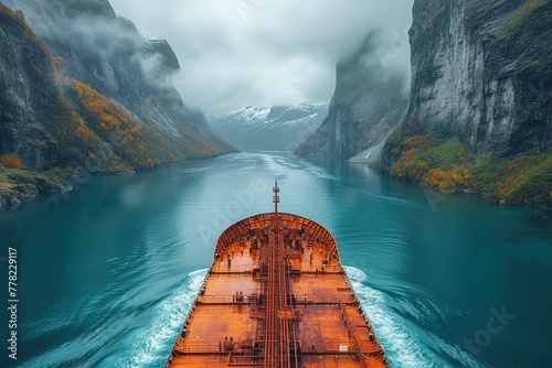 A cargo ship gliding through a breathtaking fjord, surrounded by towering cliffs and serene waters, with crew members on deck ensuring the safe passage