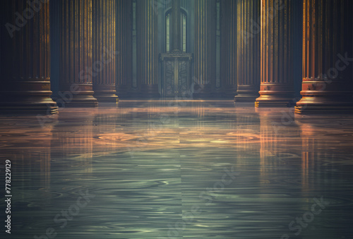 An ornate hallway and floor with gold detail in a style that merges surreal architectural landscapes, reflex reflections, hyper-realistic water, and monumental architecture. photo