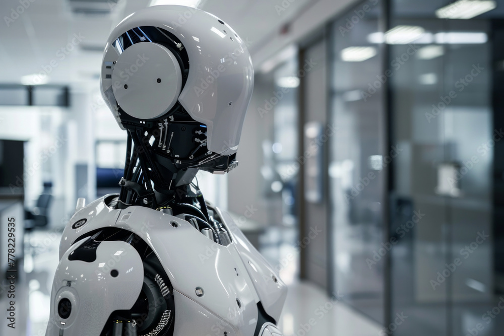 A futuristic industrial robot in an office A futuristic industrial robot in an office
