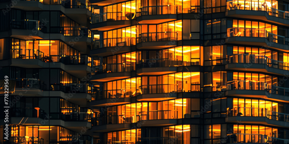 Buildings lit up at night with an orange light in a style that includes highly polished surfaces, golden light, and contemporary glass.