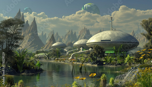 Fototapeta Naklejka Na Ścianę i Meble -  Alien Planet Exploration Base: An alien planet base set with alien flora, exotic landscapes, and sci-fi technology for space exploration shows