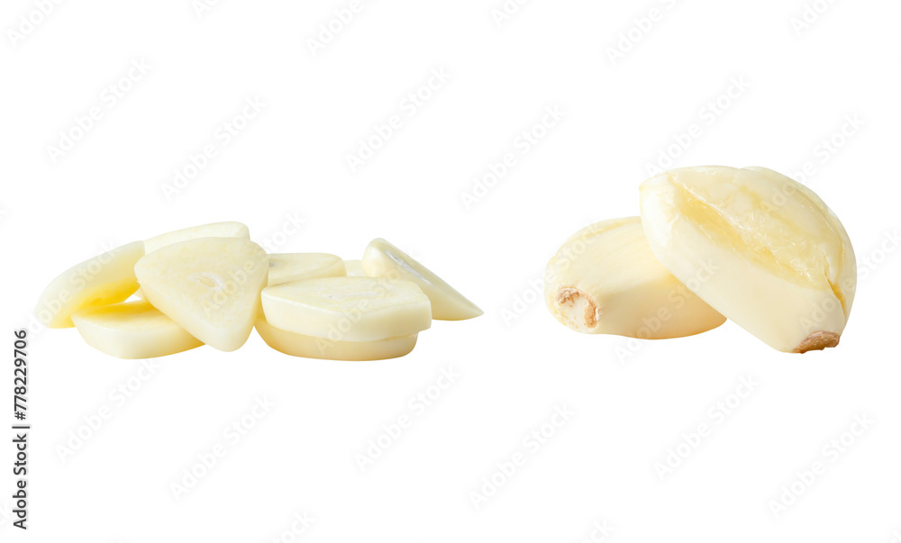 Front view set of fresh pounded garlic cloves with slices or pieces in stack isolated on white background with clipping path Front view set of fresh pounded garlic cloves with slices or pieces in stack isolated on white background with clipping path