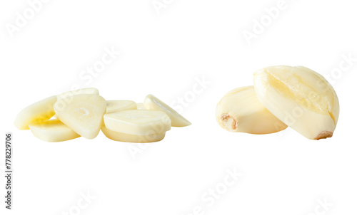 Front view set of fresh pounded garlic cloves with slices or pieces in stack isolated on white background with clipping path © nathamag11