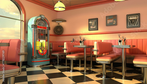 Vintage Retro Diner: A retro diner set with jukebox, diner booths, and classic American diner decor for nostalgic show photo