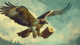 Hawk Express,  a powerful hawk, gripping a securely wrapped parcel in its talons