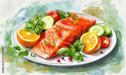 Fresh vegetables and salmon on a white plate in a style that includes lively illustrations and multilayered elements.