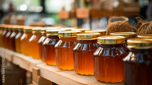 A row of artisanal honey bee jars  etched with bee and honeycomb designs  basks in the warm morning light  symbolizing the pure sweetness of nature.