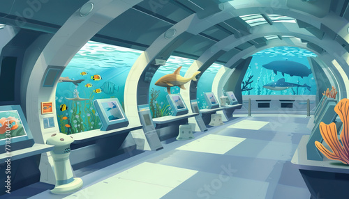 Underwater Marine Observatory: An underwater observatory set with oceanic creatures, coral reefs, and submarine viewing stations for marine exploration shows