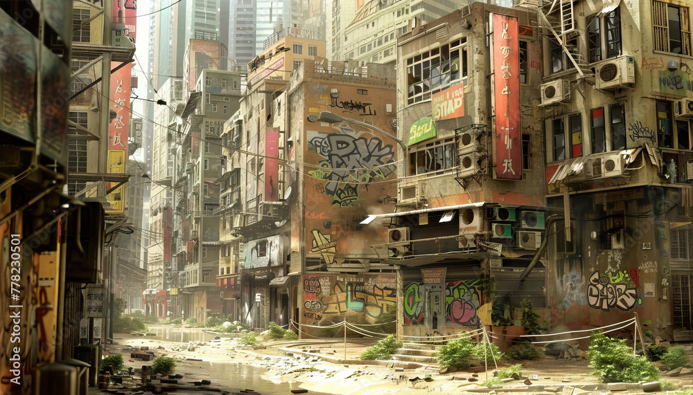 Dystopian Future City A dystopian city set with rundown buildings, dystopian graffiti, and futuristic technology for dystopian-themed shows