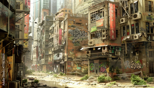 Dystopian Future City A dystopian city set with rundown buildings, dystopian graffiti, and futuristic technology for dystopian-themed shows © Lila Patel