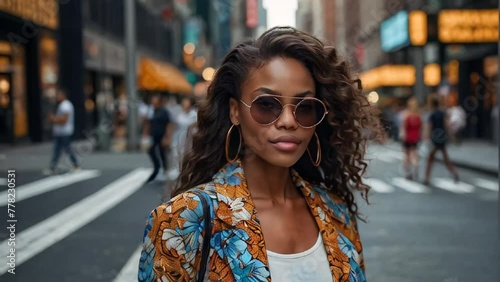 Beautiful stylish African American girl on the summer street photo