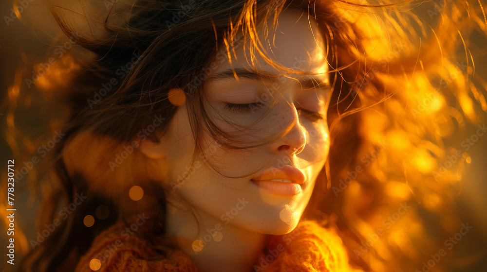 Thoughtful red haired beautiful girl with closed eyes and sunlights on her face and hair enjoying the moment. Sunny day. Selective focus. Thoughtful red haired beautiful girl with closed eyes and sunlights on her face and hair enjoying the moment. Sunny day. Selective focus.
