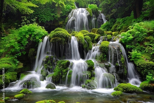 Envision a lush waterfall cascading down moss-covered rocks  a natural wonder that thrives in the midst of spring