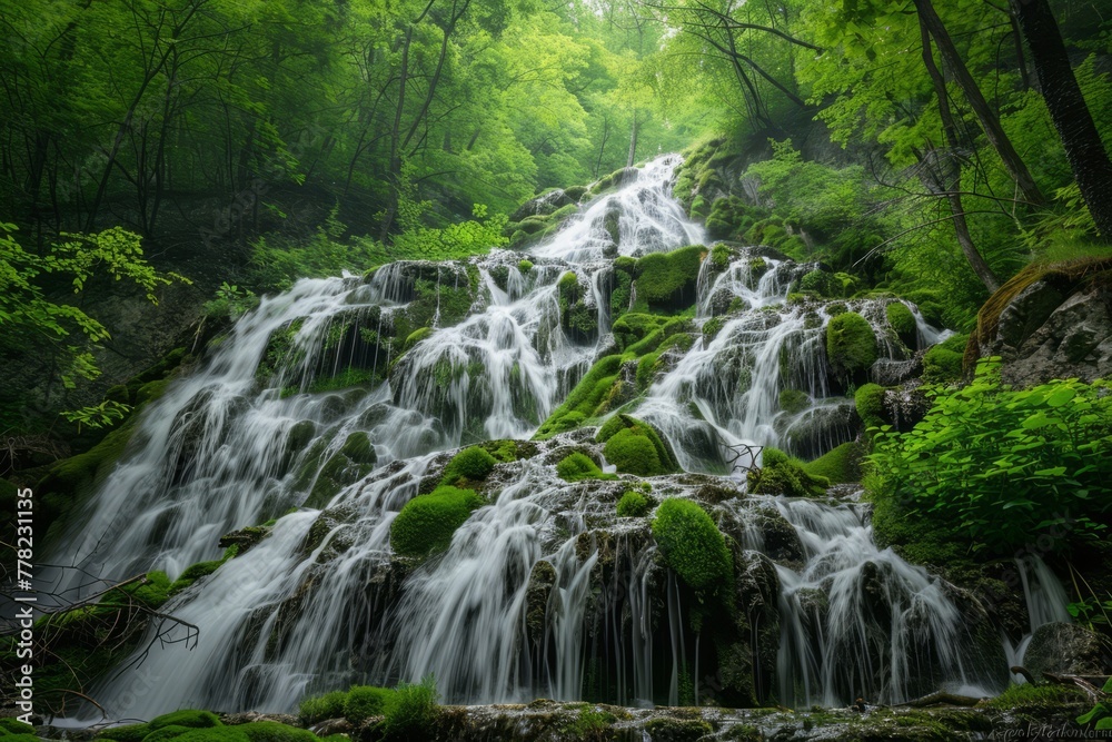 Envision a lush waterfall cascading down moss-covered rocks, a natural wonder that thrives in the midst of spring Envision a lush waterfall cascading down moss-covered rocks, a natural wonder that thrives in the midst of spring
