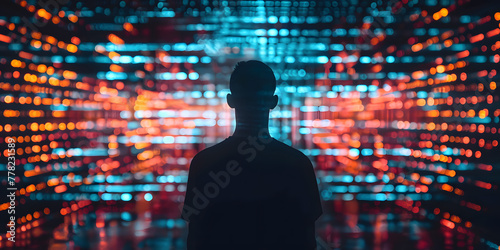 A silhouette of an individual standing in front of digital data streams
